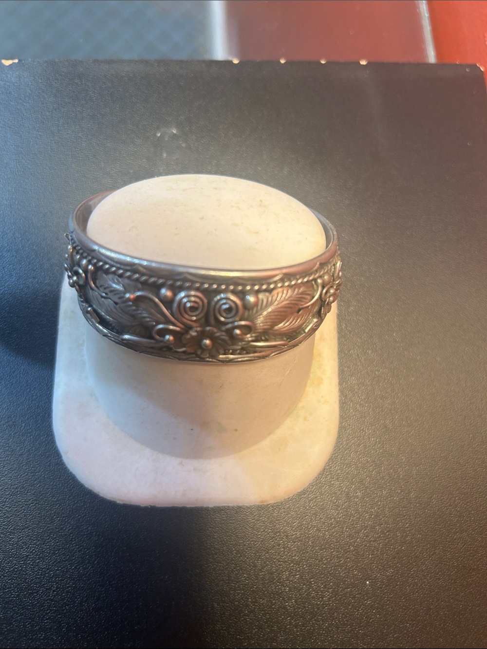 Sterling Silver Floral Engraved Wide Band Ring - Silver